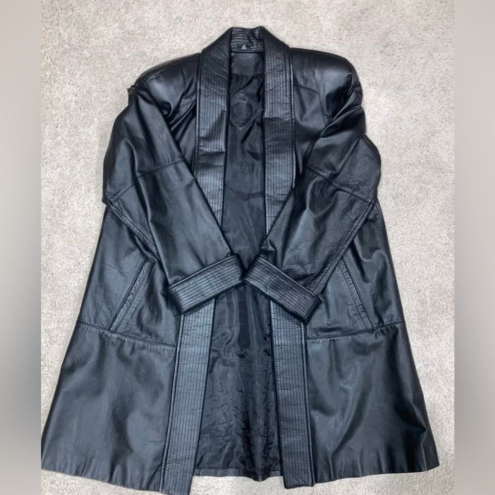 Genuine Leather Trench long Coat  Black Long Jacket Jacqueline Ferrar Size 12T